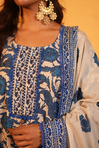 Blue Floral Printed Cotton Garara Set with Dupatta