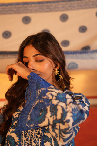 Blue Floral Printed Cotton Garara Set with Dupatta