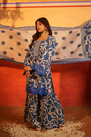 Blue Floral Printed Cotton Garara Set with Dupatta