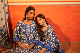 Blue Floral Printed Cotton Garara Set with Dupatta