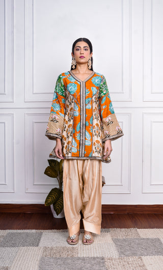 Multicolor Printed Dola Silk farsi Salwar Set