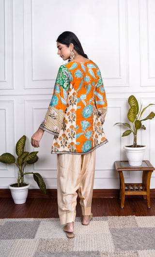 Multicolor Printed Dola Silk farsi Salwar Set