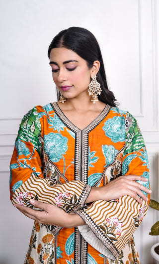 Multicolor Printed Dola Silk farsi Salwar Set