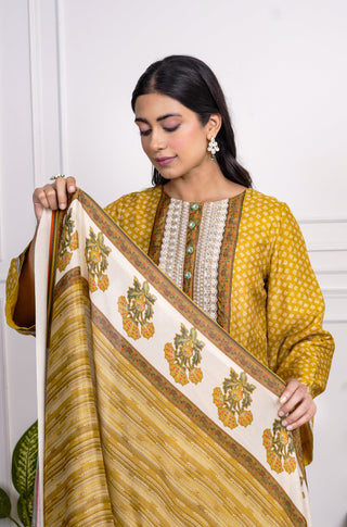 Yellow Printed Dola Silk Farsi Salwar With Dupatta