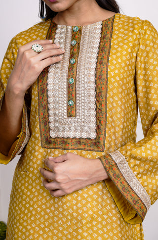 Yellow Printed Dola Silk Farsi Salwar With Dupatta