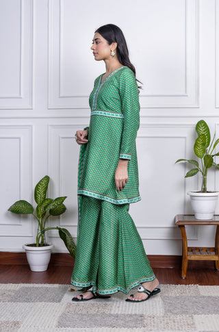 Green Dola Silk Printed Sharara Set With Dupatta