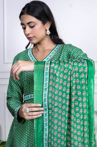 Green Dola Silk Printed Sharara Set With Dupatta