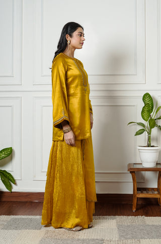Mustered Yellow Gajji Silk Embroidered Sharara Set with Elasticated Waist Pant and Dupatta