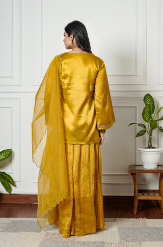 Mustered Yellow Gajji Silk Embroidered Sharara Set with Elasticated Waist Pant and Dupatta