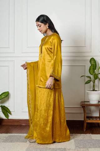 Mustered Yellow Gajji Silk Embroidered Sharara Set with Elasticated Waist Pant and Dupatta