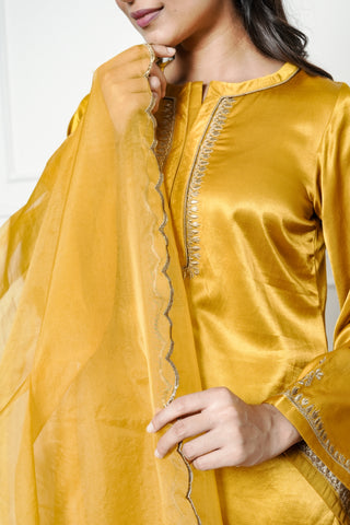 Mustered Yellow Gajji Silk Embroidered Sharara Set with Elasticated Waist Pant and Dupatta