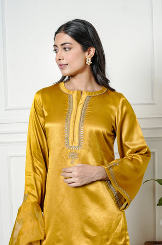 Mustered Yellow Gajji Silk Embroidered Sharara Set with Elasticated Waist Pant and Dupatta
