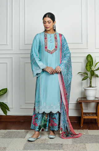 Sky Blue Dola Silk with Printed Multicolor Plazo with Dupatta