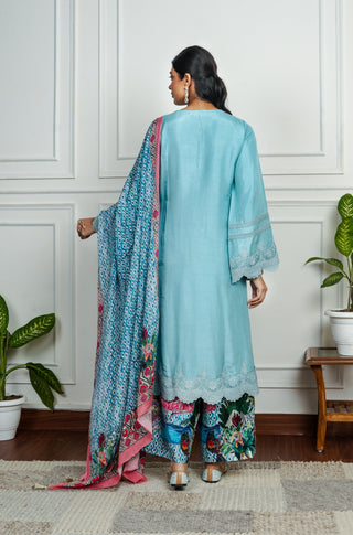 Sky Blue Dola Silk with Printed Multicolor Plazo with Dupatta
