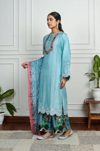Sky Blue Dola Silk with Printed Multicolor Plazo with Dupatta