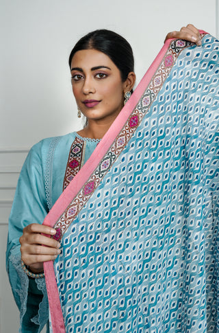 Sky Blue Dola Silk with Printed Multicolor Plazo with Dupatta