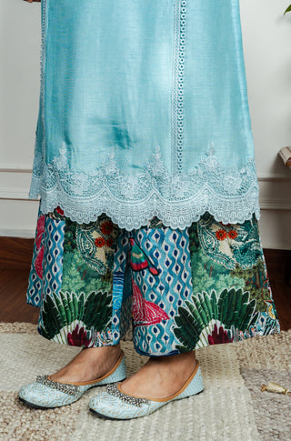 Sky Blue Dola Silk with Printed Multicolor Plazo with Dupatta