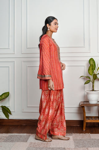 Red  Printed Dola Silk Farsi Salwar With Dupatta
