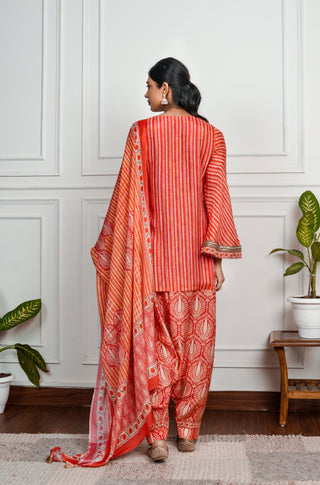 Red  Printed Dola Silk Farsi Salwar With Dupatta