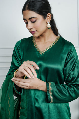 Green Gajji Silk  Embroidered Kurta Set With Dupatta