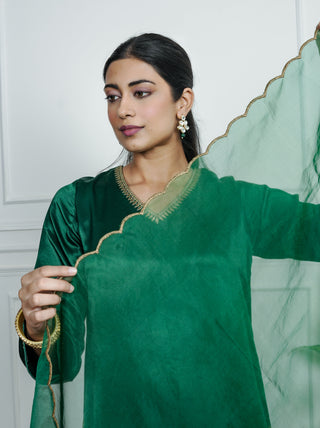 Green Gajji Silk  Embroidered Kurta Set With Dupatta