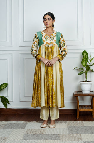 Multicolor Printed Dola Silk dress With Pant