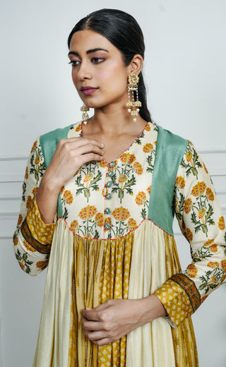 Multicolor Printed Dola Silk dress With Pant
