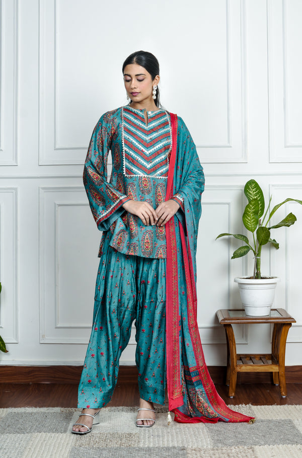 Blue Printed Dola Silk Co-Ord With Dupatta