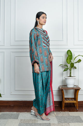 Blue Printed Dola Silk Co-Ord Wirth Dpatta