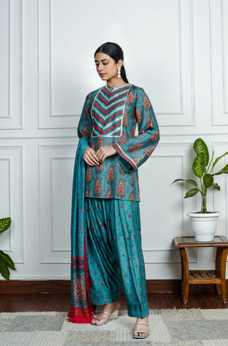 Blue Printed Dola Silk Co-Ord Wirth Dpatta