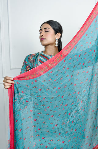 Blue Printed Dola Silk Co-Ord Wirth Dpatta