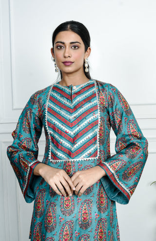 Blue Printed Dola Silk Co-Ord Wirth Dpatta