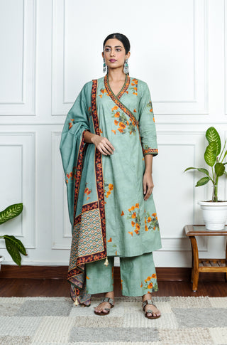 Green Anghrakha Printend Cotton Set with Dupatta