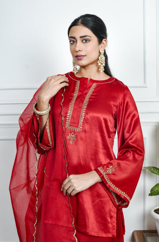 Red Gajji silk Embroiderd sharara set with elasticated waist pant and dupatta