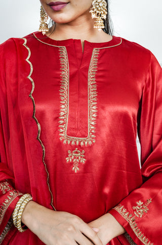 Red Gajji silk Embroiderd sharara set with elasticated waist pant and dupatta