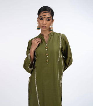 Mehandi Green Lawn Embroiderd co-ord set