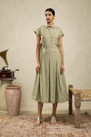 Olive Green Viscose Khadi Pleated Skirt Set