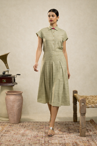 Olive Green Viscose Khadi Pleated Skirt Set