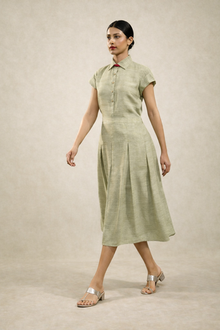 Olive Green Viscose Khadi Pleated Skirt Set