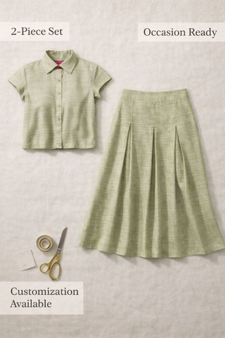 Olive Green Viscose Khadi Pleated Skirt Set