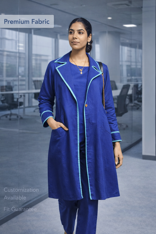 Electric Blue Viscose Linen Solid Jacket Dress | Contrast Details | For Women