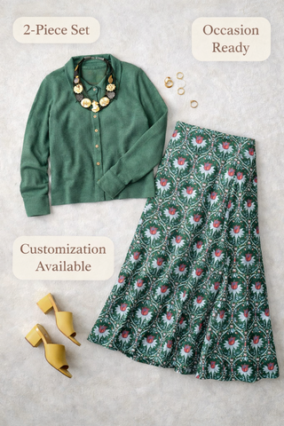 Green Jute & Cotton Solid Skirt Set | Contrast Skirt | For Women