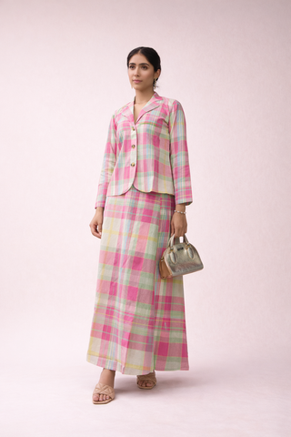 Pink & Mint Green Madras Cotton Checked Jacket & Skirt Set | Classic Details | For Women