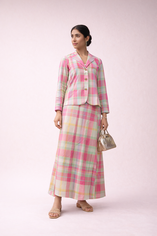 Pink & Mint Green Madras Cotton Checked Jacket & Skirt Set | Classic Details | For Women