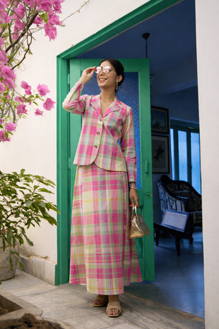 Pink & Mint Green Madras Cotton Checked Jacket & Skirt Set | Classic Details | For Women