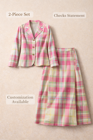 Pink & Mint Green Madras Cotton Checked Jacket & Skirt Set | Classic Details | For Women