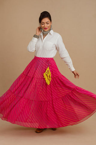 Pink Chiffon Leheriya Skirt