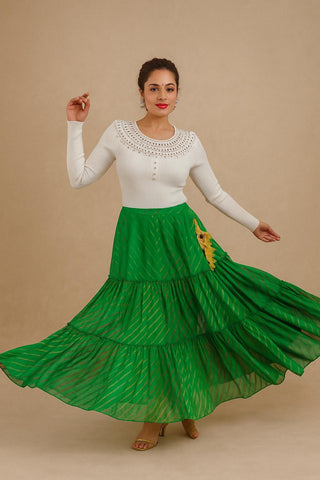 Green Chiffon Leheriya Skirt