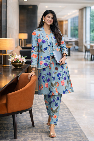 Azure Floral Cotton Jacket Co-ord