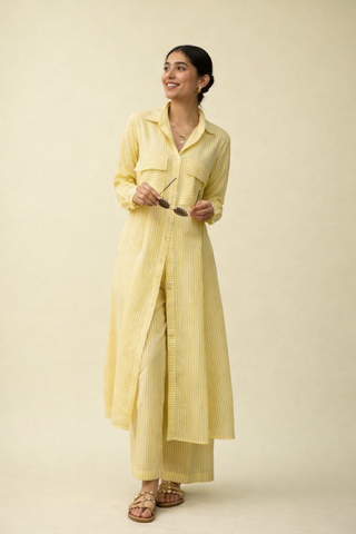 Lemon Yellow Breathable Cotton Striped Kurta Set | Longline Shirt | For Women